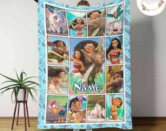 Personalized Disney Moana Blanket, Custom Name Disney Princess Moana Birthday Girl Gift, WDW Disneyland Maui Hei Hei Tamatoa Family Decor