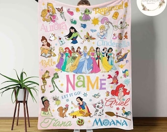 Personalized Watercolor Disney Princess Blanket, Custom Name Baby Girl Blanket, Disney Princess Birthday Girl, WDW Disneyland Girl Trip Gift