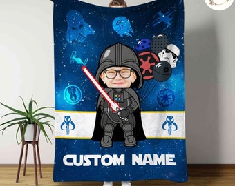 Custom Face Photo & Name Disney Star Wars Blanket, Galaxy's Edge Balloons Baby Blanket, Family Christmas Gift for Kid, Star Wars Birthday