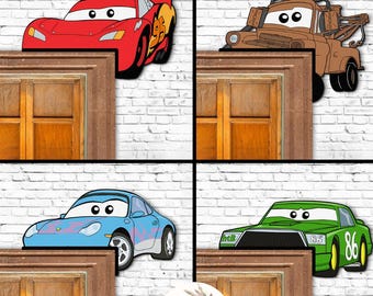 All Characters Disney Cars Wooden Corner Sign, Lightning McQueen Mater Sally Doc Hudson Door Corner Home Decoration, Cars Kids Room Decor