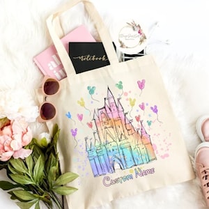 Personalized Watercolor Disney Castle Canvas Tote Bag, Mickey Balloons Custom Name Bag, WDW Disneyland Family Vacation 2024, Disney Trip Bag