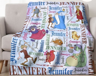 Personalized Watercolor Disney The Sword in the Stone Blanket, Custom Name Arthur Madam Mim Blanket, Disney Family Birthday Boy Gift for Kid