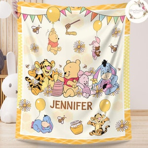 Personalized Winnie the Pooh Disney Baby Blanket, Pooh Bear and Friends Birthday Boy Blanket, Piglet Tigger Eeyore Birthday Girl Kids Gift