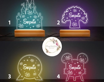 Lámpara de noche personalizada de Walt Disney World, decoración de habitación de niña con castillo de Disney, cumpleaños de Disney Epcot, lámpara de Animal Kingdom Hollywood Studios