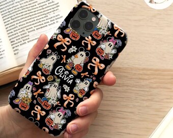 Personalized Coquette Bows Mickey and Friends Ghost Pumpkin Disney Halloween Phone Case, Trick or Treat Disney Family Halloween Party 2024