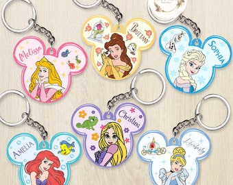 Llavero personalizado de princesas Disney, orejas de Mickey, regalo de cumpleaños para niña, llavero de viaje a Disneyland, Cenicienta y Bella