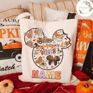 Personalized Mickey Minnie Trick or Treat Disney Halloween Canvas Tote Bag, Spooky Vibes Mickey&#39;s Not So Scary Halloween Party Candy Bag