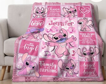 Personalized Lilo & Stitch Disney Angel Blanket, Custom Name Angel Baby Girl Blanket, Birthday Girl Gift, WDW Disneyland Ohana Means Family
