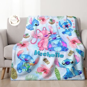 Personalized Watercolor Disney Stitch Blanket, Stitch & Angel Baby Blanket, Stitch Birthday Gift, WDW Disneyland Stitch Ohana Means Family