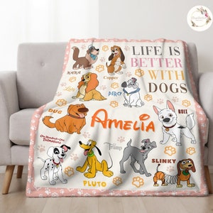 Personalized Disney Dogs Blanket, Custom Name Dog Lovers Baby Girl Blanket, Life Is Better With Dogs, Dog Mom Dad Gift, Disney Pet Animals