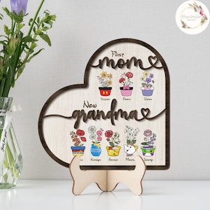 Personalized First Mom Now Grandma Birth Month Flowers Disney Kids Name Wooden Sign Plaque, Mother's Day Gift, Mickey and Friends Pot Gifts