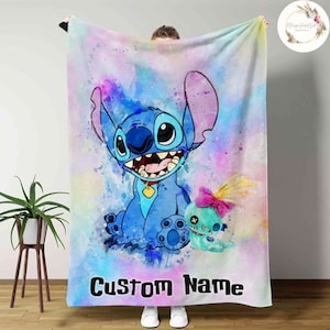 Personalized Watercolor Disney Stitch Blanket, Lilo & Stitch Scrump Baby Blanket, Stitch Birthday Gift, Disneyland Stitch Ohana Means Family