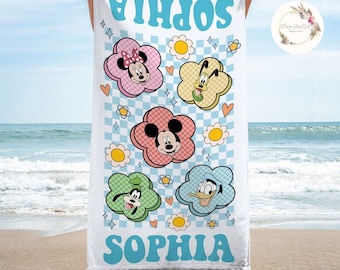 Personalized Mickey and Friends Disney Floral Beach Towel, Baby Towel Bath Pool Summer Beach Trip, WDW Disneyland Family Vacation 2024 Gift