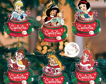 Personalized Disney Princess Christmas Ornament, Princess Characters Tea Cup Christmas Tree Decor, Disney Birthday Girl Gifts for Her 2023