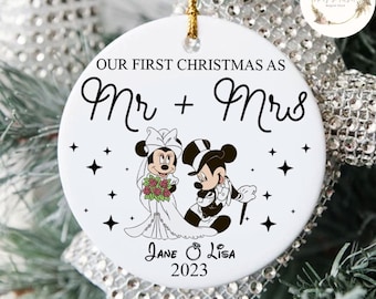 Personalized Mickey Minnie Couple Disney Wedding Our First Christmas As Mr And Mrs Ornament, Anniversary Family Christmas Keepsake 2023 Gift