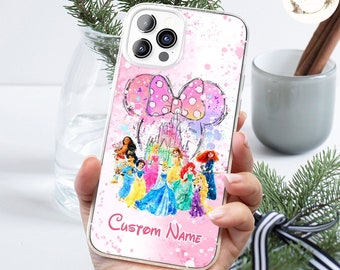 Personalized Watercolor Disney Princess Phone Case, Minnie Ears Disney Princess Birthday Girl Gift, Princess Castle, Disneyland Trip 2024