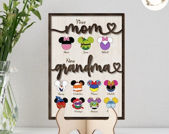 Placa de madera personalizada con el nombre de los niños de Disney: "Primera mamá, ahora abuela". Regalo para el Día de la Madre. Mickey y sus amigos de Disneyland (WDW). Ideal para el Día del Padre.