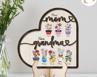 Personalizado Primera Mamá Ahora Abuela Mes de Nacimiento Flores Disney Niños Nombre Placa de Signo de Madera, Regalo del Día de la Madre, Mickey y Amigos Pot Regalos