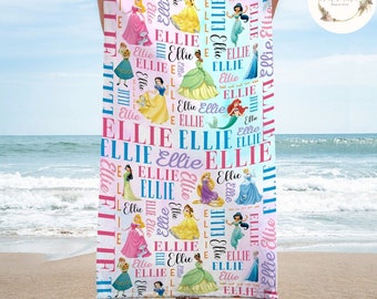 Serviette de plage personnalisée pour princesses Disney, anniversaire princesse Disney, serviette de bain, piscine, voyage d'été à la plage, voyage d'été pour fille Disneyland WDW