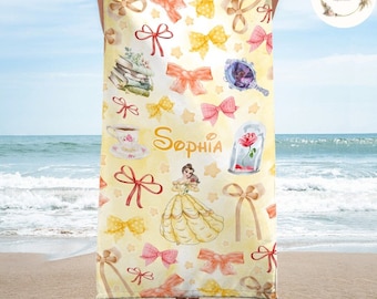 Personalized Watercolor Coquette Bows Beauty and the Beast Disney Princess Belle Beach Towel, Princess Belle Girl Trip Bath Pool Summer Trip
