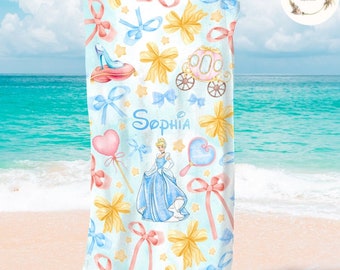 Personalized Watercolor Coquette Bows Disney Princess Cinderella Beach Towel, Cinderella Baby Girl Bath Pool Summer Trip, Disney Girl Trip
