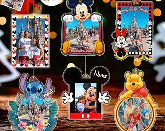 Custom Photo & Name Disney Trip Christmas Ornament, Personalized Mickey Minnie Family Vacation 2024, Winnie The Pooh Gift, Disneyland Stitch