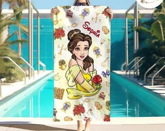 Personalized Watercolor Disney Princess Beach Towel, Princess Birthday Girl Towel Bath Pool Summer Beach Trip, WDW Disneyland Girl Trip Gift