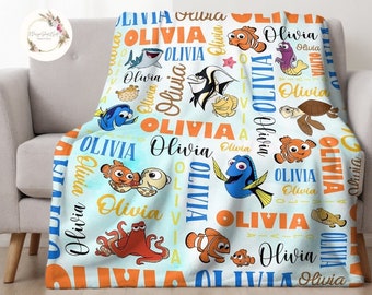 Personalized Watercolor Disney Finding Nemo Blanket, Custom Name Pixar Finding Dory Baby Girl/Boy, Baby Birthday Gift, Just Keep Swimming