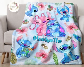 Personalized Watercolor Disney Stitch Blanket, Stitch & Angel Baby Blanket, Stitch Birthday Gift, WDW Disneyland Stitch Ohana Means Family