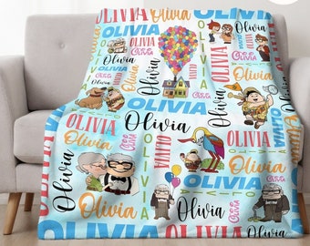 Personalized Watercolor Disney Pixar Up Movie Blanket, Adventure Is Out There Carl and Ellie Couples Valentine's Day Gift, Up House Balloons