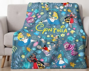 Personalized Disney Alice in Wonderland Blanket, Custom Name Baby Girl Blanket, Disney Princess Alice Birthday Girl Gift, Cheshire Cat Gift