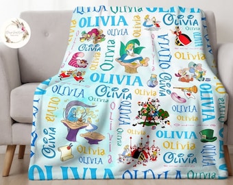 Personalized Disney Alice in Wonderland Blanket, Custom Name Baby Girl Blanket, Disney Princess Alice Birthday Girl Gift, Cheshire Cat Lover