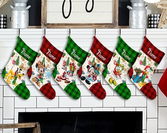 Personalized Green Red Buffalo Plaid Disney Christmas Stockings, Mickey and Friends Gingerbread Christmas Stockings With Name, Disney Family