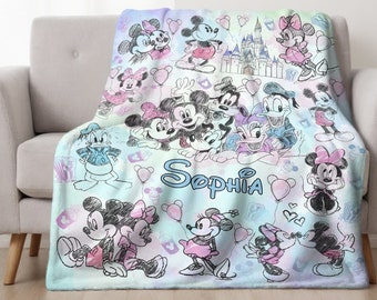 Personalized Watercolor Mickey and Friends Sketch Disney Blanket, Custom Name WDW Disneyland Castle Baby Blanket, Disney Birthday Girl Gifts