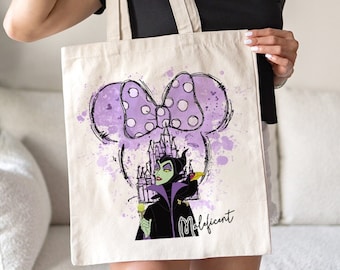 Personalized Watercolor Disney Villains Canvas Tote Bag, Minnie Ears Disneyland Female Villains Girl Trip Bag, Evil Friends Family Trip 2024