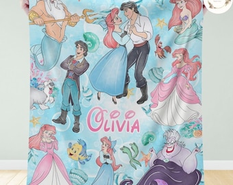 Personalized Watercolor The Little Mermaid Disney Princess Ariel Blanket, Custom Name Baby Girl Blanket, Disneyland Princess Birthday Girl