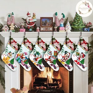 Personalized Floral Buffalo Plaid All Characters Disney Christmas Stockings With Name, Mickey and Friends, The Aristocats Christmas Gifts