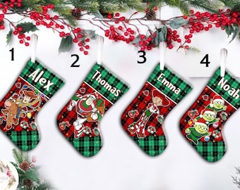 Personalized Toy Story Christmas Buffalo Plaid Stockings, Disney Christmas Group Stockings With Name, Xmas Family Christmas Stocking Gifts