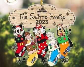 Personalized Disney characters Family Stocking Ornament, Multi-character Mickey & friends Princess Stitch Xmas Family Ornament 2023 Gift