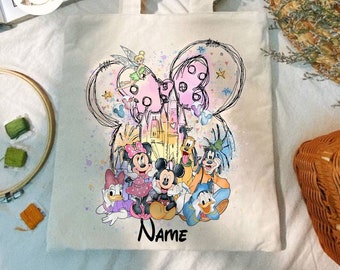 Personalized Watercolor Disney castle Mickey & friends Canvas Tote Bag, Minnie Ears Disneyland Disneyworld Girls Trip Bag, Magic Kingdom bag