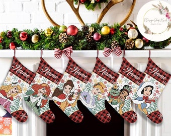 Personalized Disney Princess Christmas Stockings, Disney Family Girl Trip Christmas Stockings With Name, Red Buffalo Plaid Christmas Gifts