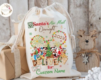 Personalized Santa's Air Mail Delivery Sack, Mickey and Friends Santa Sack Keepsake 2024, Disney Family Christmas Bag, Drawstring Xmas Sacks