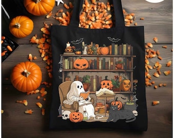 Ghost Reading Book Canvas tote bag, Halloween Bookshelf Ghostly Bookish tote bag, Black Cat and Book Cute Ghost Book tote bag, Book Lover