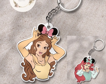 Personalized Disney Princess with Mickey ears Keychain, Cinderella Belle Ariel Snow White Magic Kingdom WDW Disneyland trip keychain