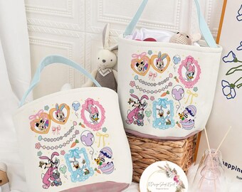 Personalized Coquette Bows Disney Easter Basket, Mickey and Friends Bunny Easter Egg Hunt Basket, WDW Disneyland Family Happy Easter Decor