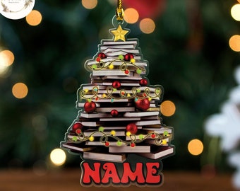 Personalized Book Christmas Tree Ornament, Custom Bookshelf Ornament with Name, Reading Book Ornament, Christmas Tree Decoration, Xmas Gifts