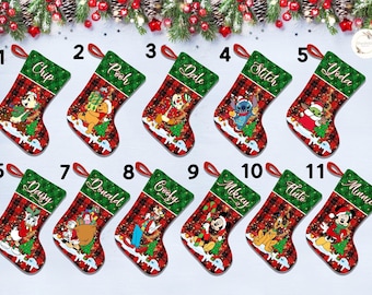 Personalized Buffalo Plaid All Characters Disney Christmas Stockings With Name, Mickey and Friends Christmas, Disney Family Christmas Gifts