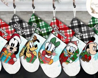 Personalized Baby Mickey & Friends Buffalo Plaid Disney Christmas Stockings, Baby's First Christmas Stockings With Name, Family Christmas