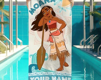 Personalized Disney Moana Beach Towel, Disney Princess Moana Maui Pua Hei Hei Birthday Towel Bath Pool Summer Beach Trip, Disney Girl Trip