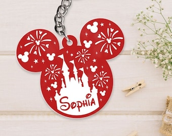 Personalized Mickey Minnie Ears Disney Castle Keychain, WDW Disneyland Family Vacation 2024, Disney Lovers Gift, Mickey Mouse Birthday Charm